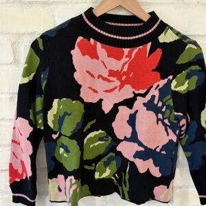 NWTAnthropologie Black Floral Crewneck Sweater with Pink, Red & Green